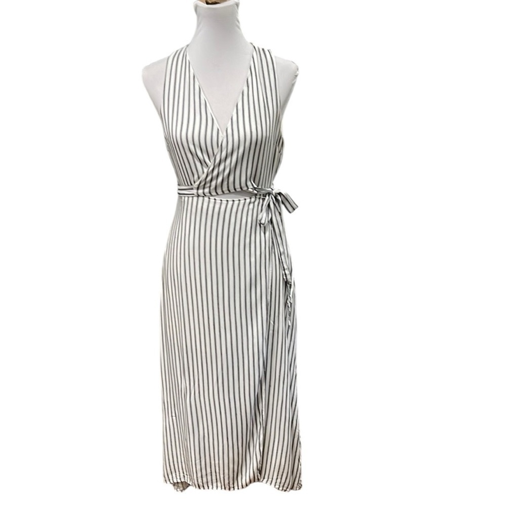 Anthropologie Hummingbird Stripe Midi Wrap Dress Sleeveless SZ S Off White Black